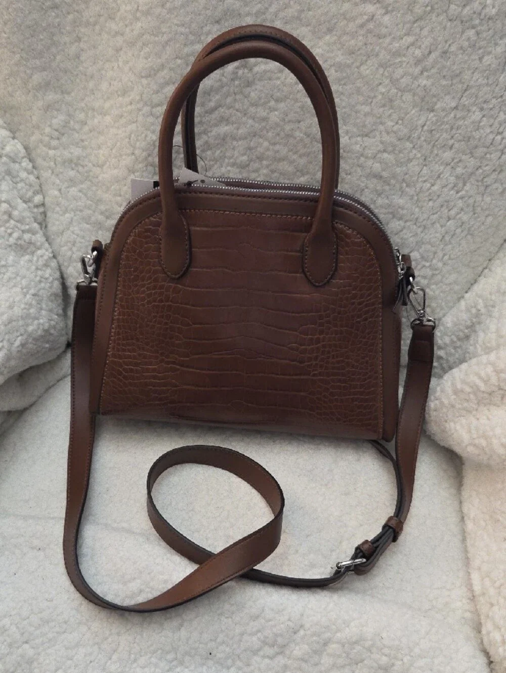 Nine West Brown Croc-Embossed Satchel with Crossbody Strap